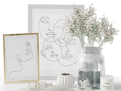 Minimalist Decorative Ornaments Set With Line Art Frames Glass Vase White Flowers And Candle 3d model