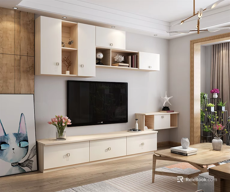 Modern White TV Stand With Drawers Flat Screen TV Wall Cabinets And Flower Vase 3d model 