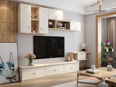 Modern White TV Stand With Drawers Flat Screen TV Wall Cabinets And Flower Vase 3d model
