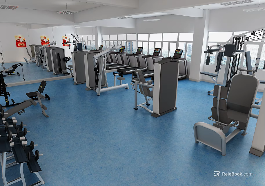 Modern Fitness Gym Interior With Strength Training Machines Cardio Equipment Blue Flooring And Mirrors 3d model 