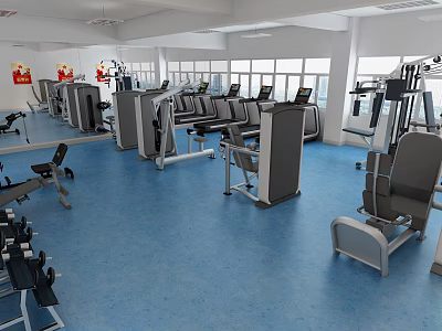 Modern Fitness Gym Interior With Strength Training Machines Cardio Equipment Blue Flooring And Mirrors 3d model