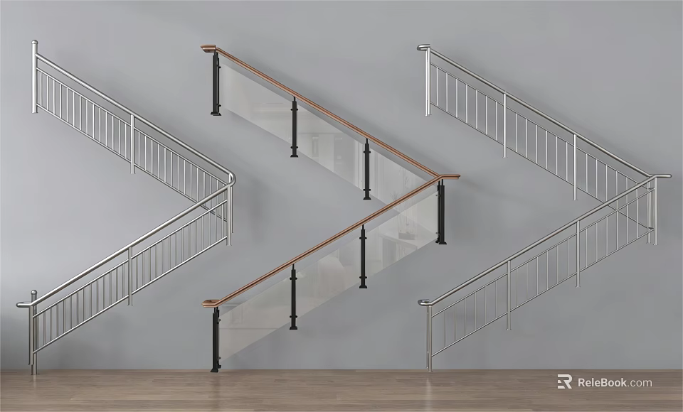 Modern Glass and Metal Railings with Wooden Handrail Design for Interior Stairs 3d model 