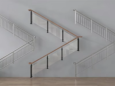 Modern Glass and Metal Railings with Wooden Handrail Design for Interior Stairs 3d model