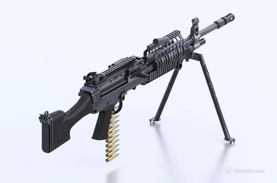 Black Tactical Rifle With Tripod Stand Magazine Golden Bullets And Tactical Components 3d model 