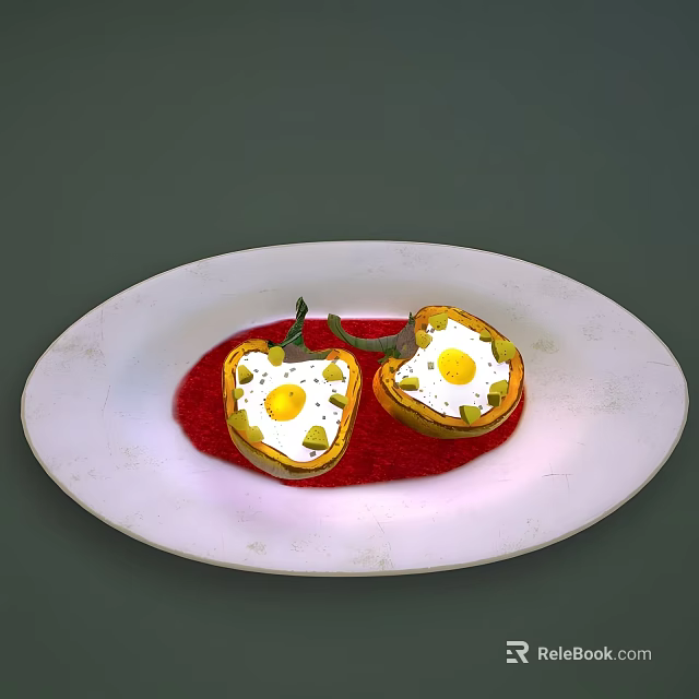 Stuffed Bell Peppers With Fried Eggs On White Plate With Red Sauce 3d model 