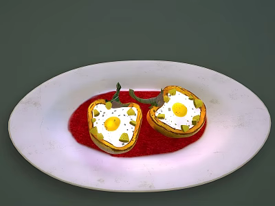 Stuffed Bell Peppers With Fried Eggs On White Plate With Red Sauce 3d model