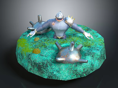3D Robot Figure On Round Mossy Base With Metallic Mechanical Parts 3d model
