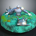 3D Robot Figure On Round Mossy Base With Metallic Mechanical Parts