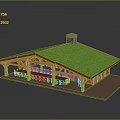 Wooden Pavilion Building With Green Sloped Turf Roof And Chimney On Platform