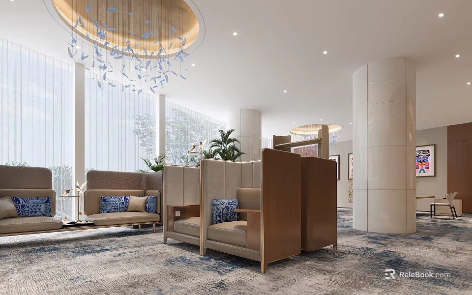 Hotel Public Lounge Area With Modern Sofas Wooden Dividers Chandelier Large Windows And Plants 3d model 