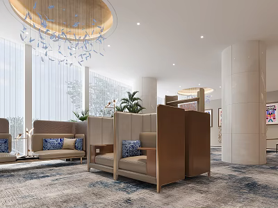 Hotel Public Lounge Area With Modern Sofas Wooden Dividers Chandelier Large Windows And Plants 3d model