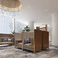 Hotel Public Lounge Area With Modern Sofas Wooden Dividers Chandelier Large Windows And Plants
