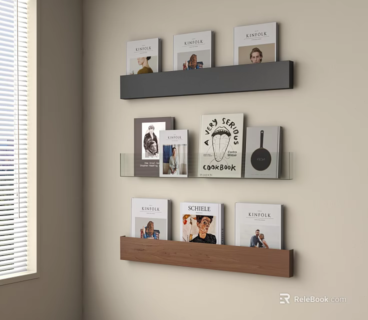 Modern Wall Mounted Shelves With Books And Decorative Items In Living Room 3d model 