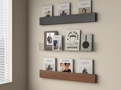 Modern Wall Mounted Shelves With Books And Decorative Items In Living Room 3d model