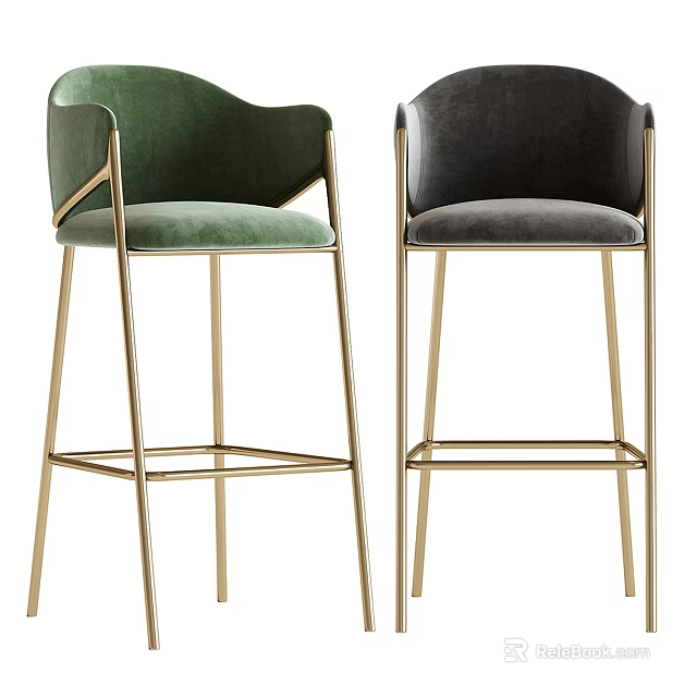 Modern Green And Gray Velvet Bar Stools With Gold Metal Legs Design 3d model 