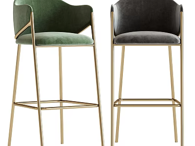 Modern Green And Gray Velvet Bar Stools With Gold Metal Legs Design 3d model