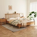 Wooden Double Bed Interior With Slatted Headboard White Pillows Floral Blanket And Bedside Tables