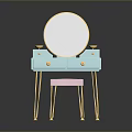 Modern Light Blue Dressing Table with Gold Accents Round Mirror and Pink Stool