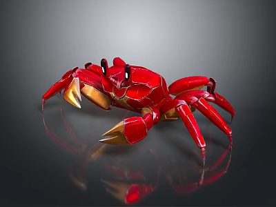 Red Mechanical Crab Character Design With Shiny Shell And Golden Claws 3d model