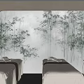 Elegant Foot Massage Spa Room with Bamboo Patterned Wall and Three Massage Beds