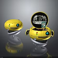 Futuristic Yellow Robots In Sci-Fi Scene With Open Compartment And Internal Components