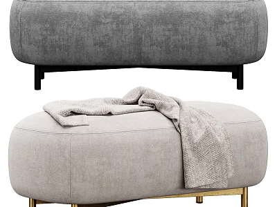 Modern Grey Velvet Ottoman With Gold Metal Legs And Throw Blanket 3d model