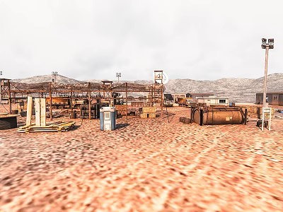 Desert Construction Site Featuring Metal Structures Oil Tanks Light Poles And Mountains 3d model