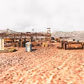 Desert Construction Site Featuring Metal Structures Oil Tanks Light Poles And Mountains 3d model