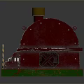 Industrial Mechanical Device With Red Body Blue Component Yellow Top Green Base And Warning Strips