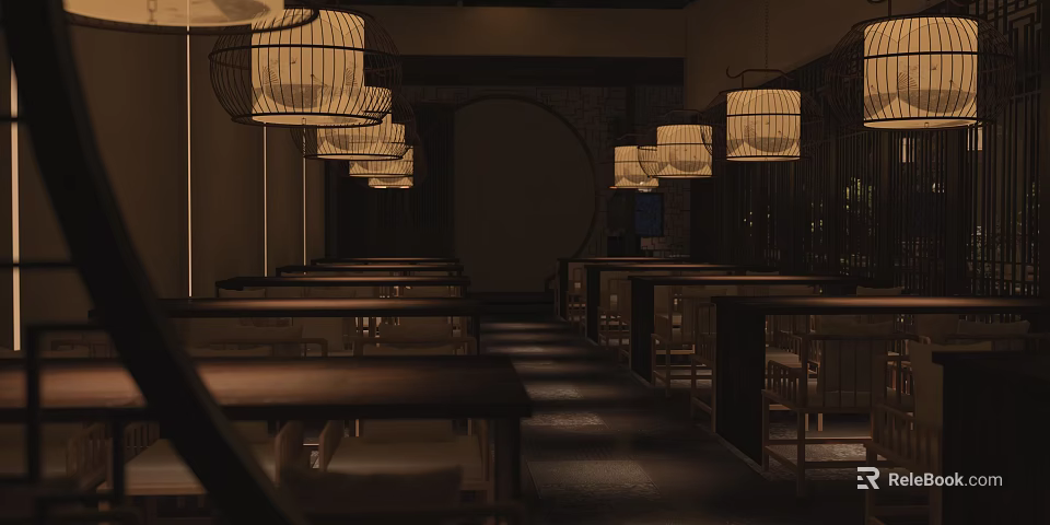 Traditional Chinese Restaurant Interior With Warm Lighting Wooden Tables And Hanging Lanterns 3d model 