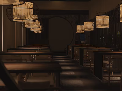 Traditional Chinese Restaurant Interior With Warm Lighting Wooden Tables And Hanging Lanterns 3d model