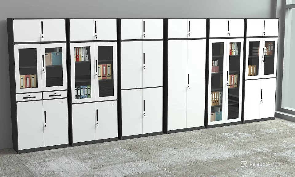White Bookcase with Black Borders Featuring Glass Doors and Books Folders Inside 3d model
