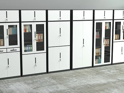 White Bookcase with Black Borders Featuring Glass Doors and Books Folders Inside 3d model