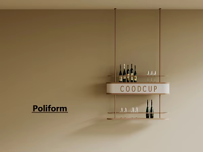 Modern Hanging Wooden Wine Rack With Wine Bottles And Glasses On Wall 3d model