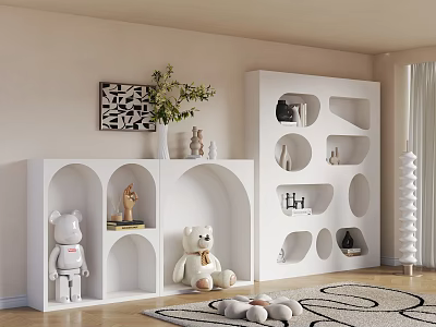 White Decorative Cabinet With Unique Cutout Design Teddy Bears And Plant Vase Decor 3d model