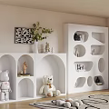 White Decorative Cabinet With Unique Cutout Design Teddy Bears And Plant Vase Decor