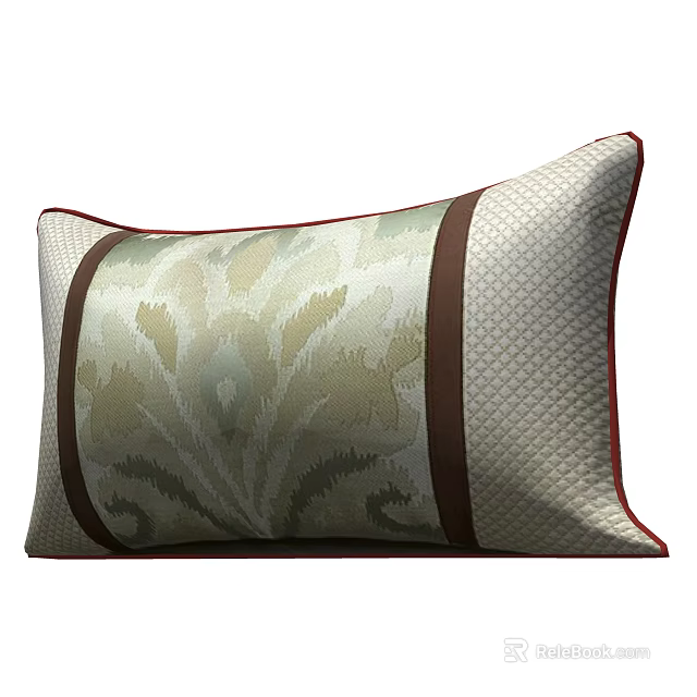 Elegant Traditional Pillow Featuring Beige Base Brown Stripes and Leaf Pattern with Red Trim 3d model 