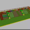 Kids Playground With Green Ground Orange Railings Hoops Slides Net Ropes And Wooden Planks