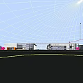 Modern School Building With Glass Facade White Frame And Front Lawn Area