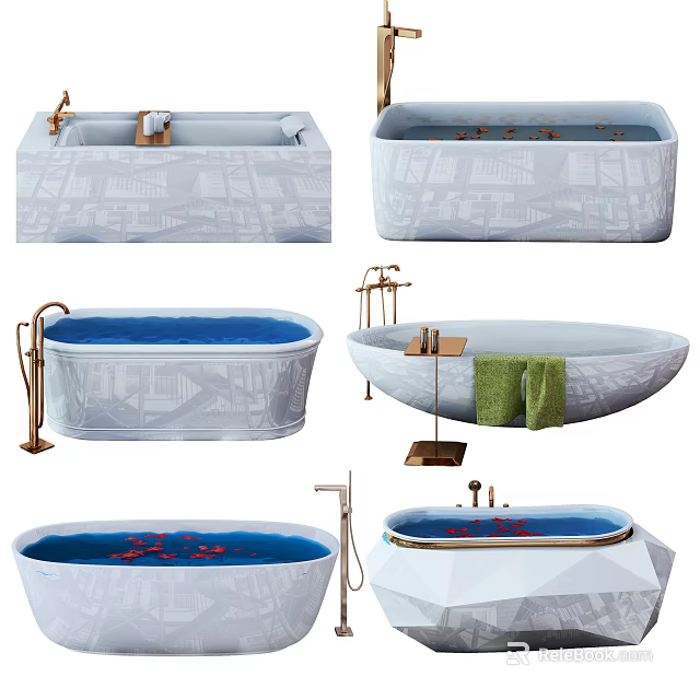 Modern Freestanding Bathtub Designs with Copper Faucet Green Towel and Red Petals 3d model 