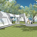 Scenic Wall In Modern Park With Curved Paths Green Trees And Lawn