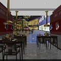 Hot Pot Restaurant Interior With Traditional Chinese Decor Red Walls Pendant Lights And Dining Tables