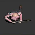 Pink Haired Blue Eyed Girl In Pink Top Gray Skirt Holding Black Guitar Dark Background