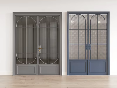 Gray And Blue Double Doors With Arched And Grid Glass Design For Interior 3d model