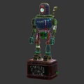 Detailed Vintage Blue Ironhead Robot Figure Standing On Sturdy Metal Base