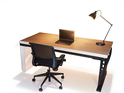 Adjustable Height Office Desk With Laptop Desk Lamp And Ergonomic Office Chair 3d model