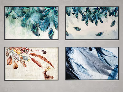 Colorful Feather Themed Wall Art Paintings With Blue Plumes And Deer Accents 3d model