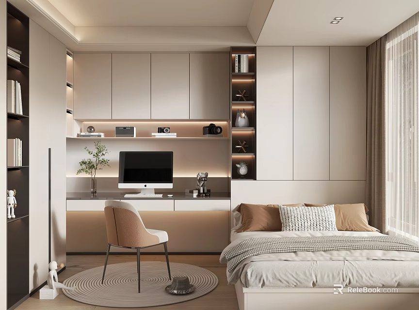Modern Tatami Bedroom Interior With Bed Desk Chair And Built in Bookshelves 3d model 