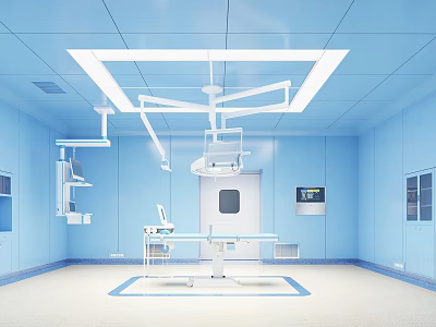 Clean Modern Operating Room With Blue Walls Ceiling Surgical Table And Medical Lights 3d model