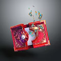 Open Decorative Household Box With Blue Gold Accents And Flying Fragments